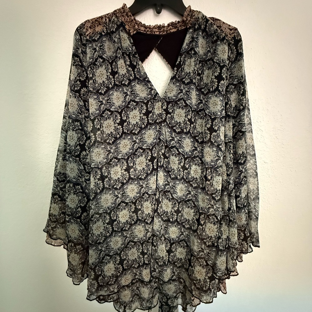 Free People Black and Cream Floral Mini Dress